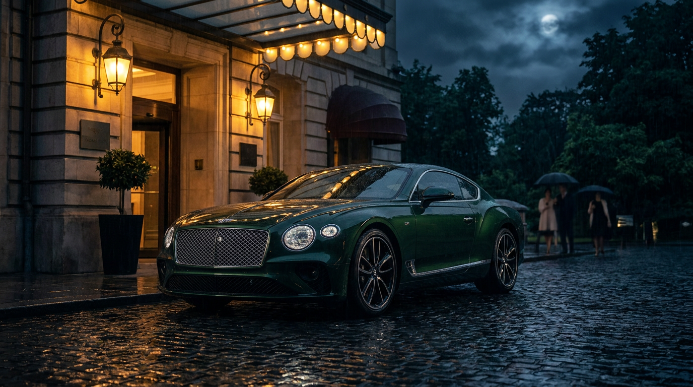 Bentley Continental GT frente a un hotel de lujo de noche